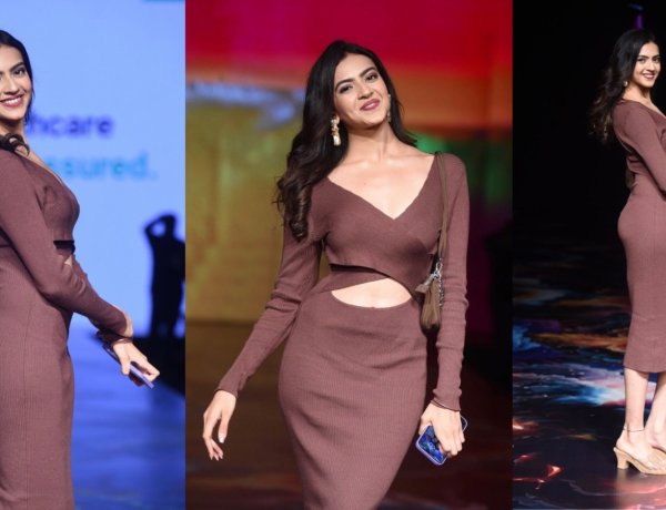Kashika Kapoor Wows in Plunging Brown Dress at Bombay Times Fashion Week