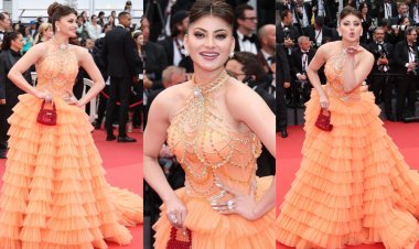 Cannes Film Festival 2023 : Urvashi Rautela Shines at Cannes Film Festival Day 2 in Sequined Frill Orange Gown