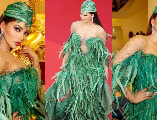 "Cannes Film Festival: Urvashi Rautela stuns in Ziad Nakad's extravagant green feather headgear, turning heads on the red carpet"
