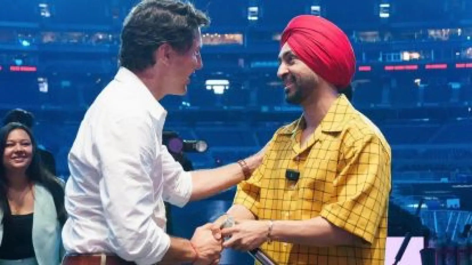 Diljit Dosanjh receives a surprise visit from Justin Trudeau during a sold-out Canada concert, and the two cheer 'Punjabi aa gaye oye'