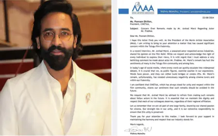Vishnu Manchu expressed concern over Arshad Warsi's comment on Prabhas, wrote a letter to CINTAA President