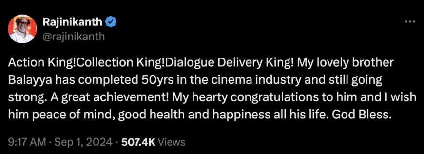 Nandamuri Balakrishna completes 50 years in cinema, Rajinikanth calls the actor 'Collection King'