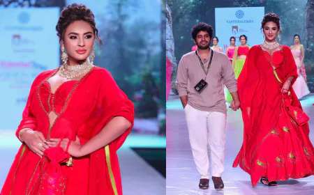 Seerat Kapoor Steals The Show In A Red Ghagra Choli With Parat Printed Designs As The Showstopper For Vashtralekha At Hyderabad Times Fashion Week