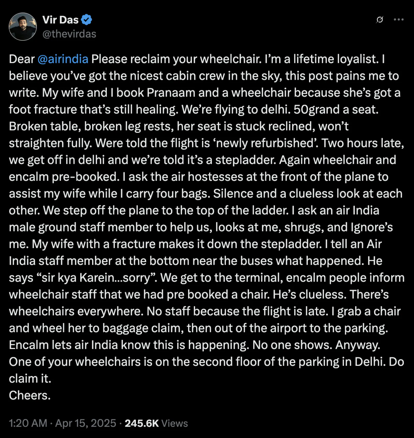 Vir Das got angry on Air India even after paying lakhs