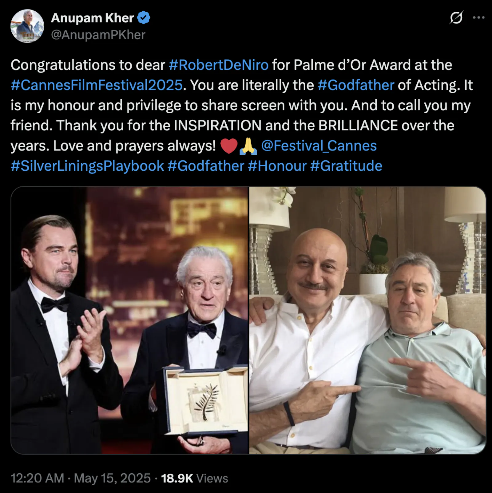 Anupam Kher called Robert De Niro the Godfather of Acting, congratulated him on winning the Palme d'Or at 'Cannes'