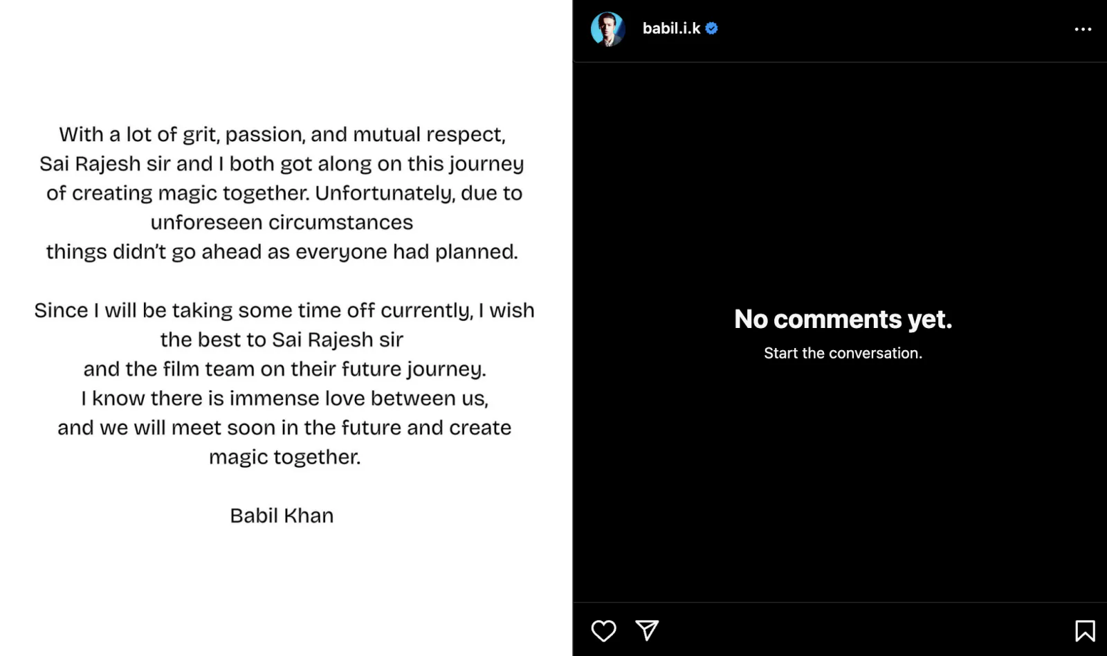 Babil Khan took a break from films, left Sai Rajesh's film; said - will meet soon