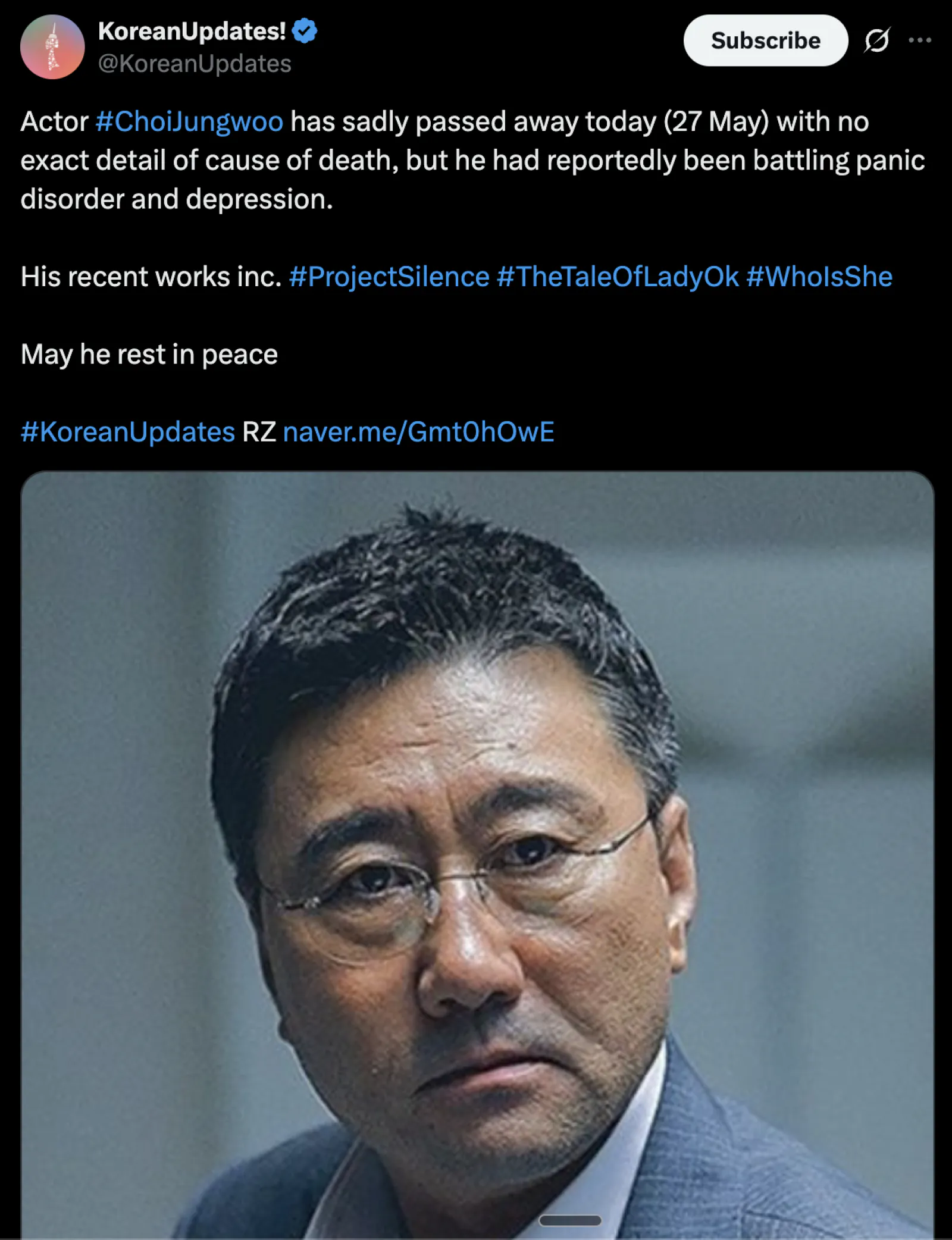 South Korea's famous actor Choi Jung Woo passed away