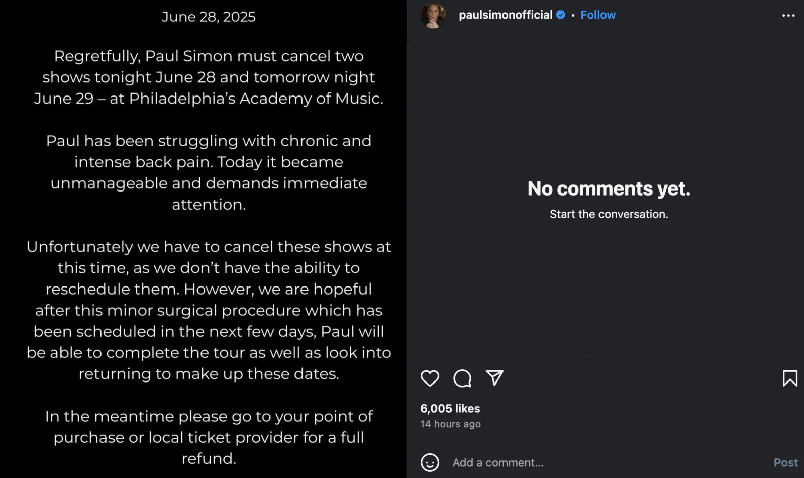 Paul Simon cancels shows at the last moment, singer's health suddenly deteriorates; fans disappointed