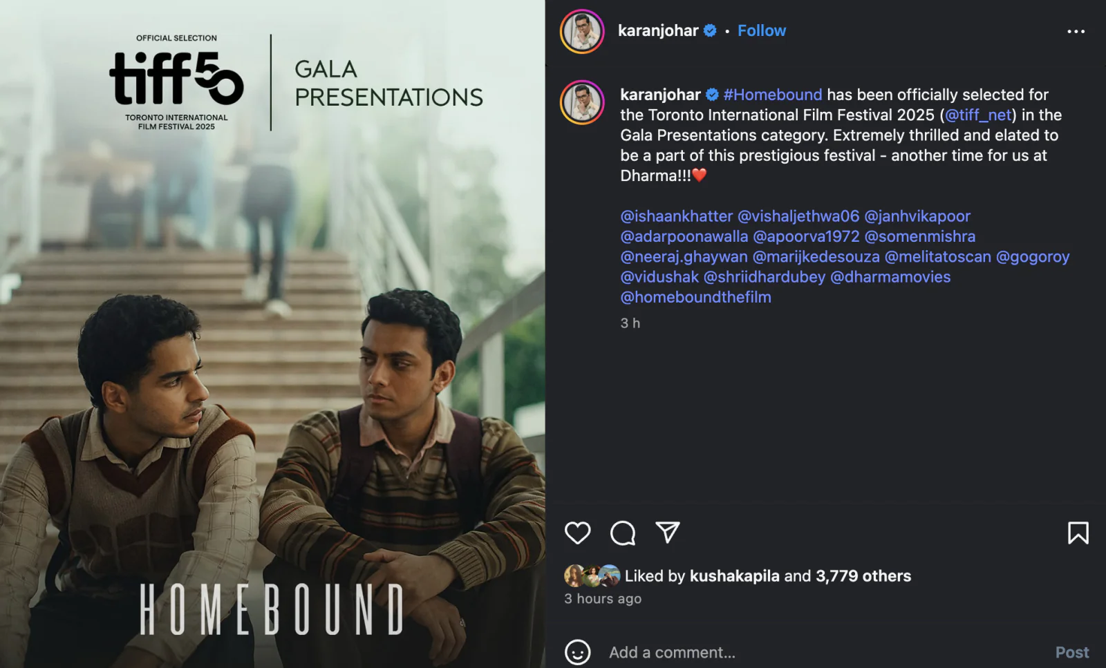 Karan Johar shared the good news, 'Homebound' will be screened at Toronto International Film Festival