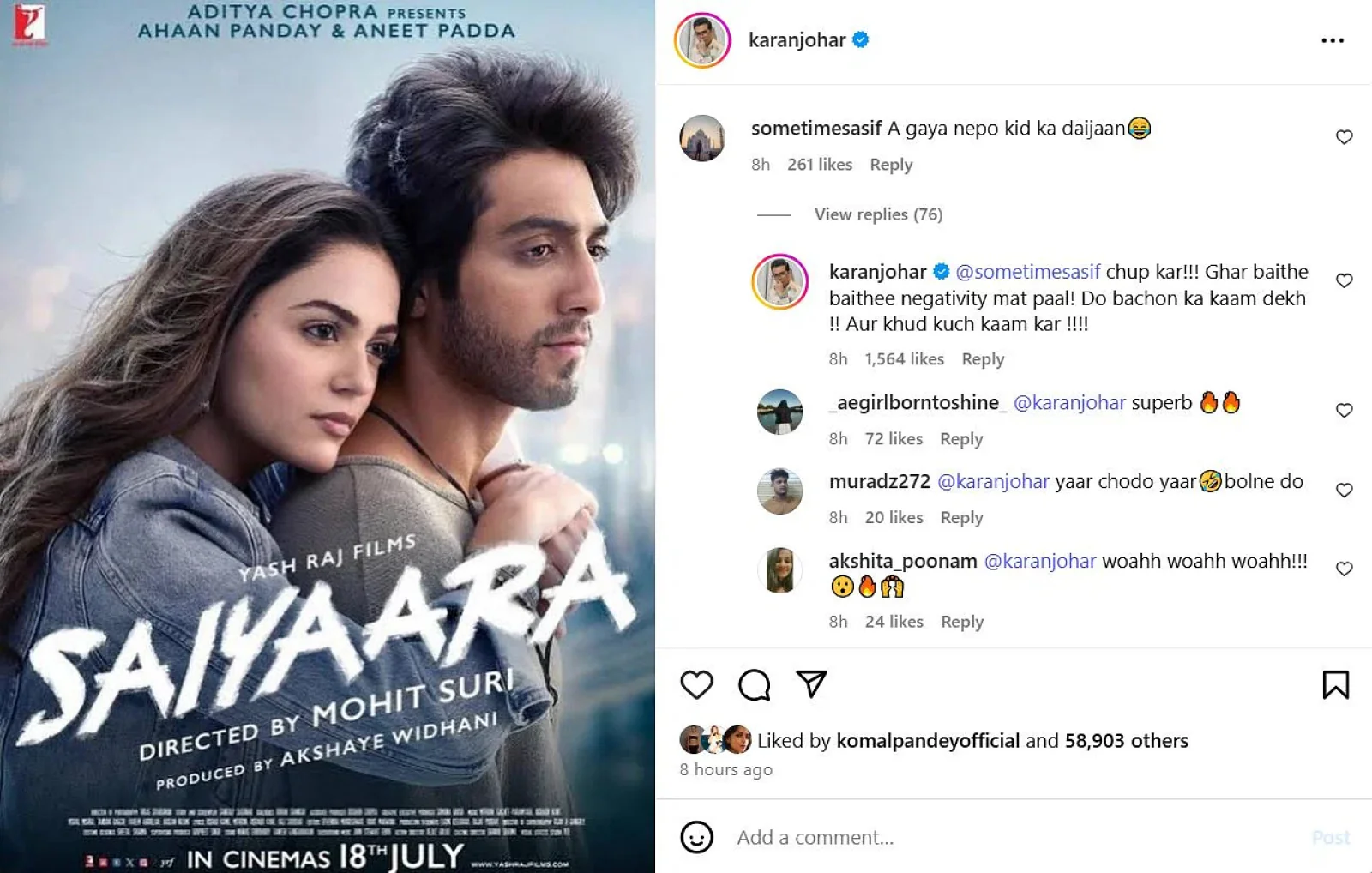 Karan Johar praised 'Saiyaara', gave a befitting reply to the troller on being trolled