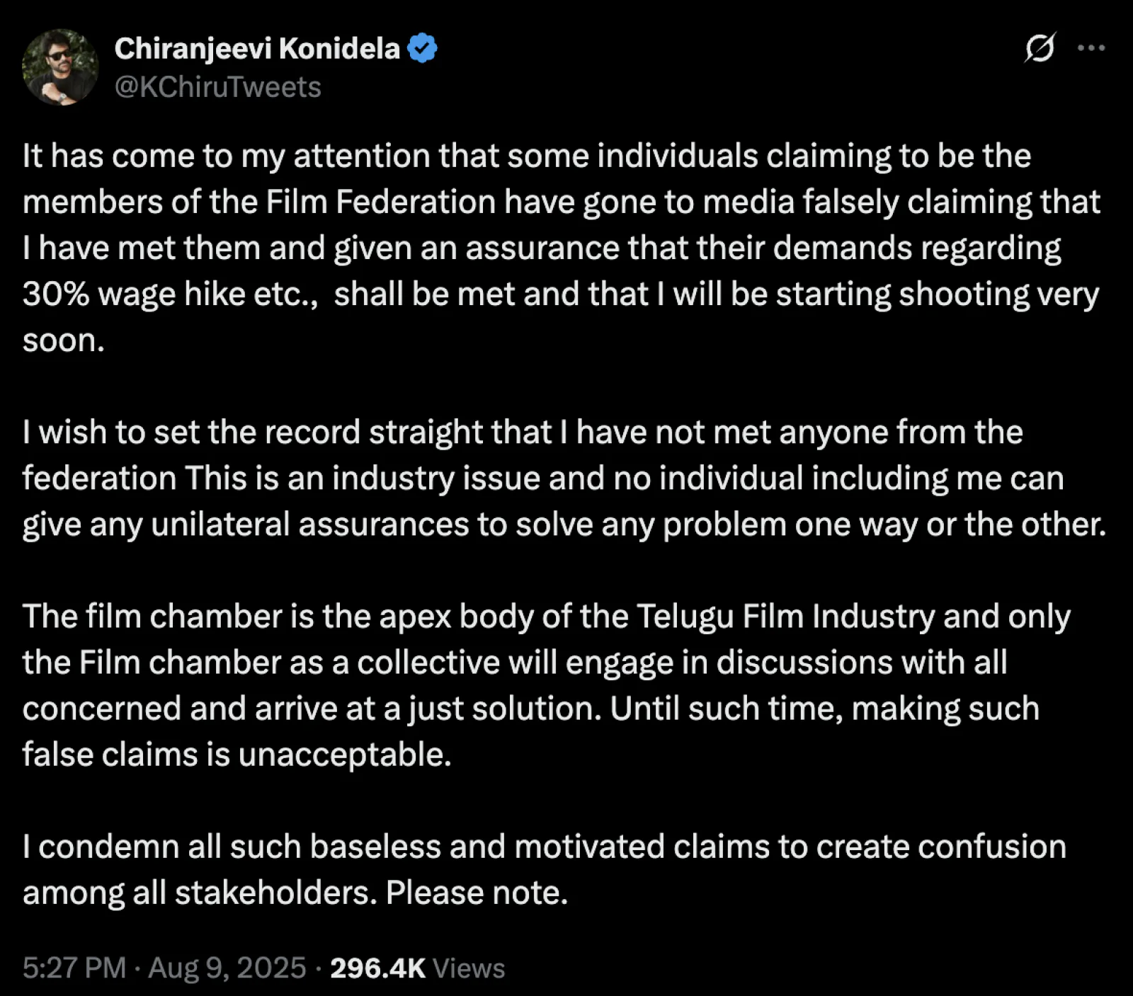 Did Chiranjeevi meet the striking employees in the Telugu film industry? The actor replied