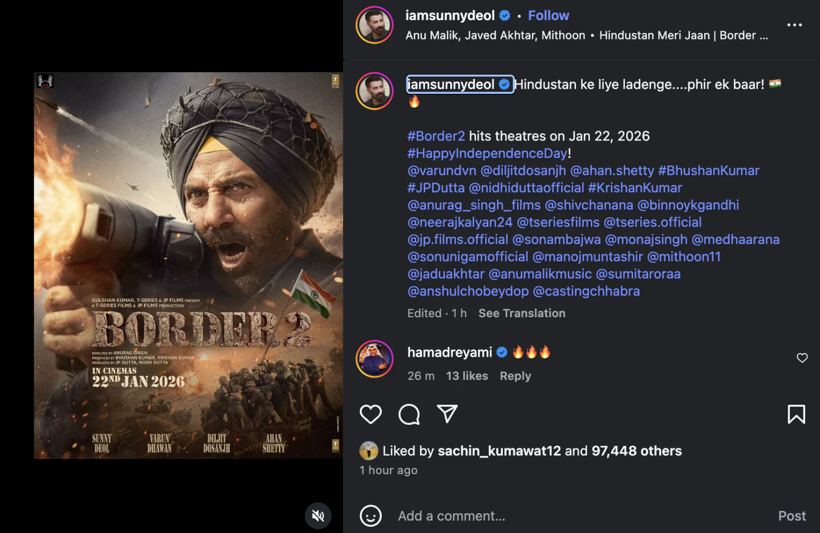 Sunny Deol’s ‘Border 2’ First Look Out, Film to Release on Next Independence Day