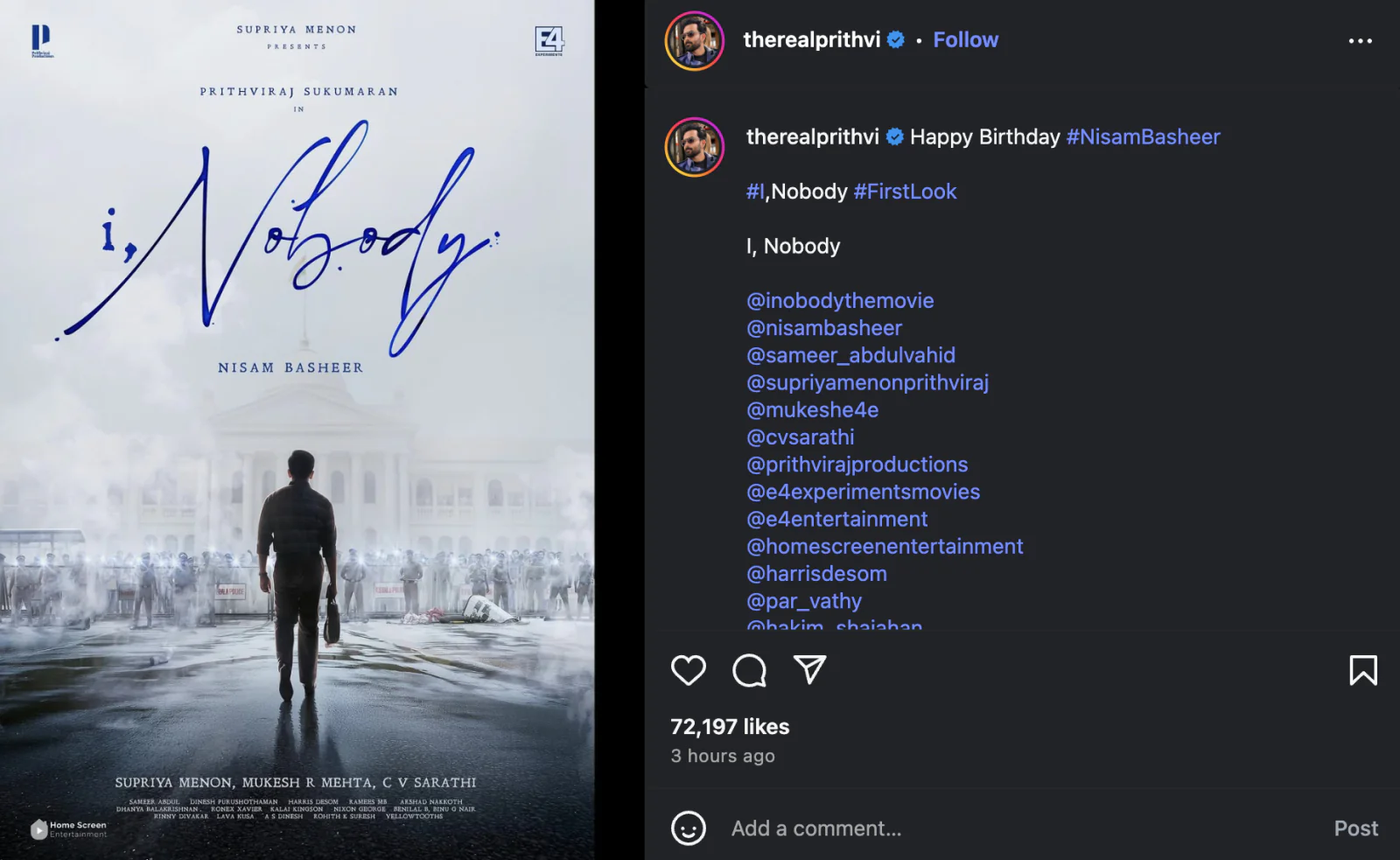First look of Prithviraj's film 'I, Nobody', poster released on the occasion of director's birthday
