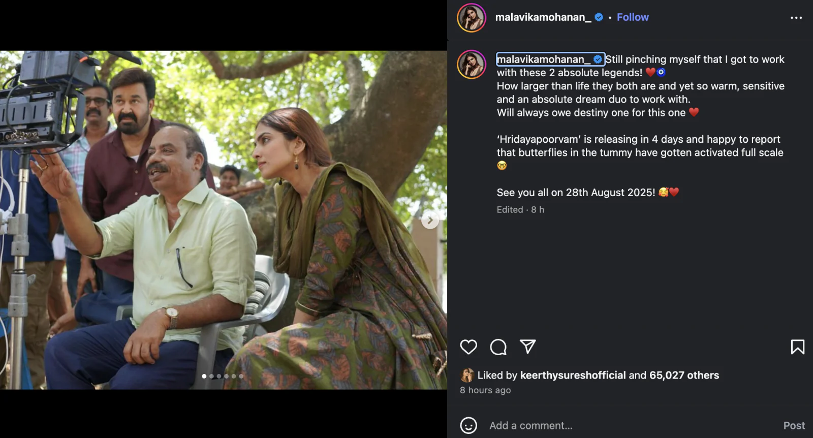 anked Mohanlal for 'Hridayapoorvam'; wrote a note