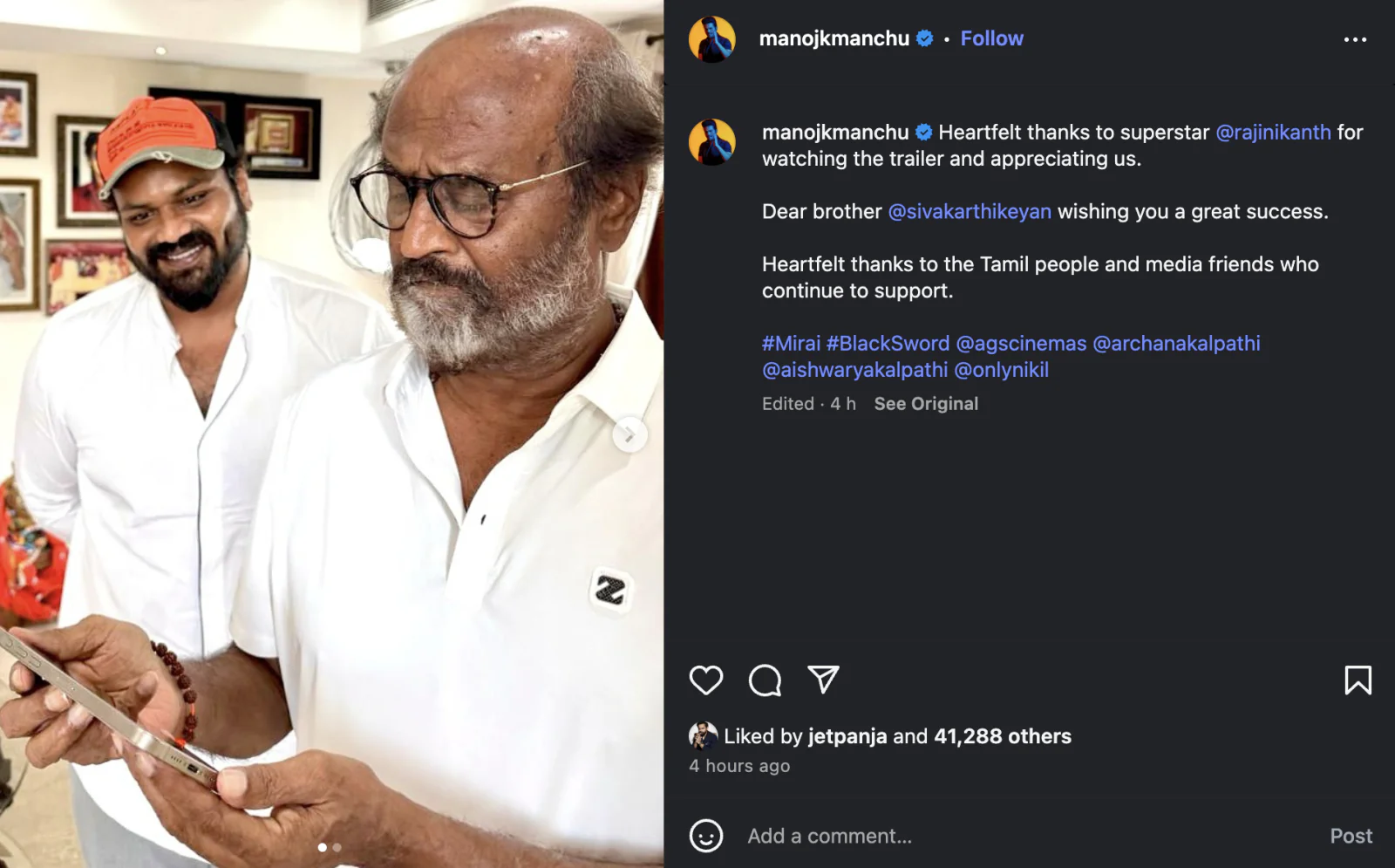 Superstar Rajinikanth Appreciates ‘Mirai’ Trailer, Manoj Shares Pictures