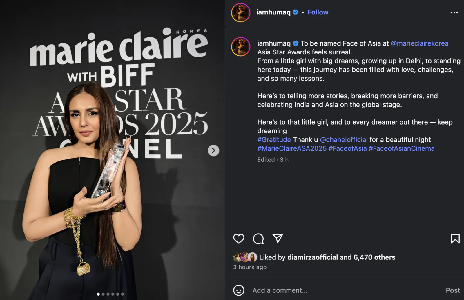Huma Qureshi receives the Face of Asia Award at the Busan Film Festival, dedicates it to young girls