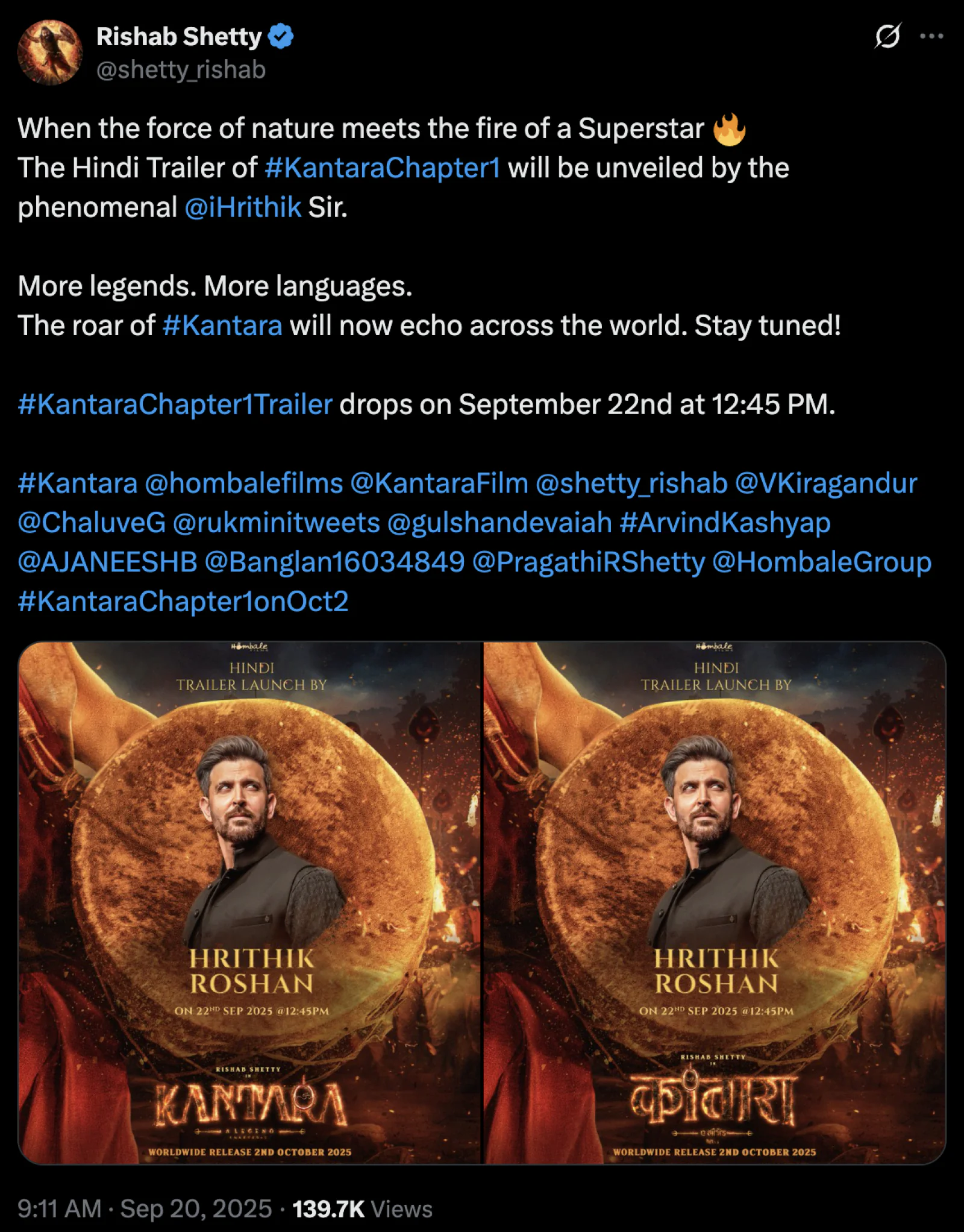 Hrithik Roshan will launch the Hindi trailer of 'Kantara Chapter 1', Rishab Shetty reveals