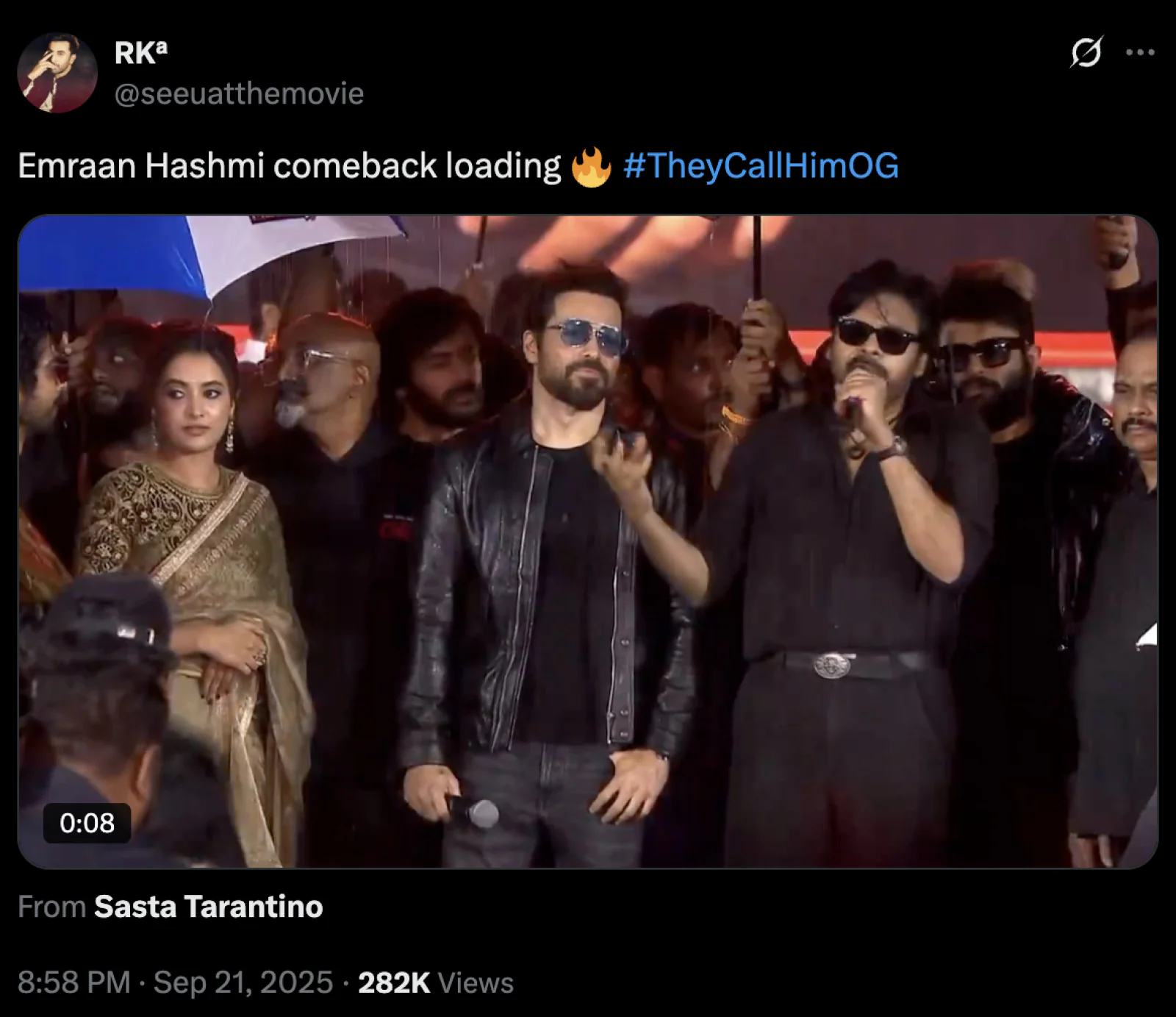 Trailer release of "OG" has been postponed, and Pawan Kalyan spoke about Emraan Hashmi at a pre-release event