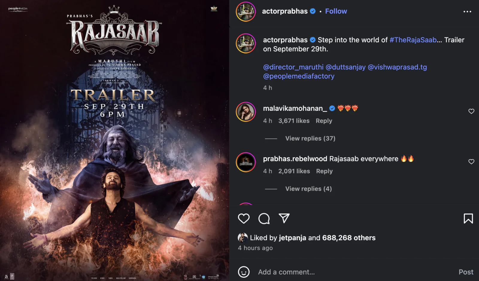 Prabhas’ Horror-Comedy “The Raja Saab” Trailer to Release on September 29