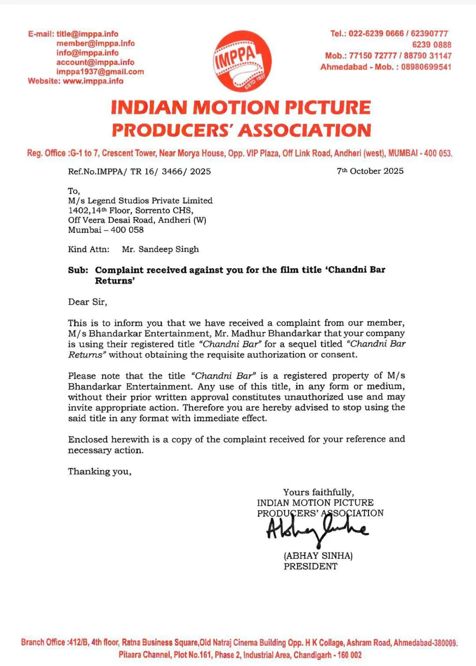 r Returns’; IMPPA Issues Notice to Producer Sandip Singh