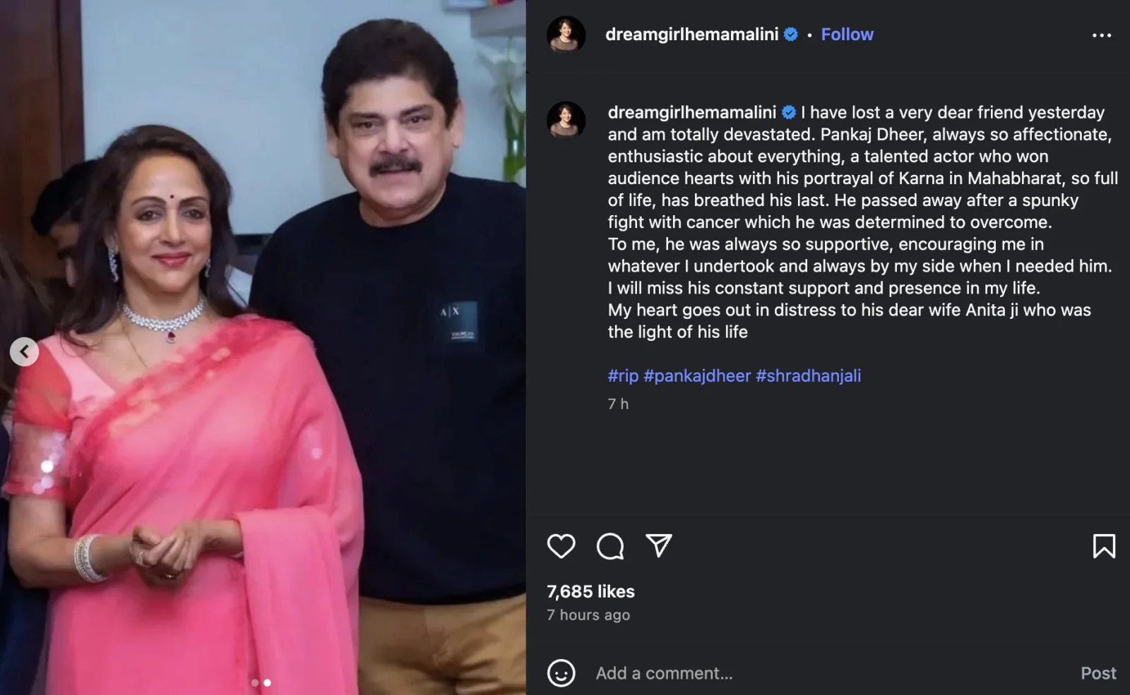 Bollywood Pays Tribute to Pankaj Dheer; Hema Malini Recalls Their Deep Friendship