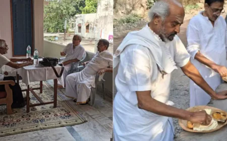 Rajinikanth seen eating from a leaf plate; actor takes a break from films to embark on a spiritual journey