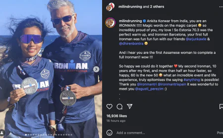 Milind Soman congratulates his wife Ankita, who became the first Assamese woman to complete an Ironman