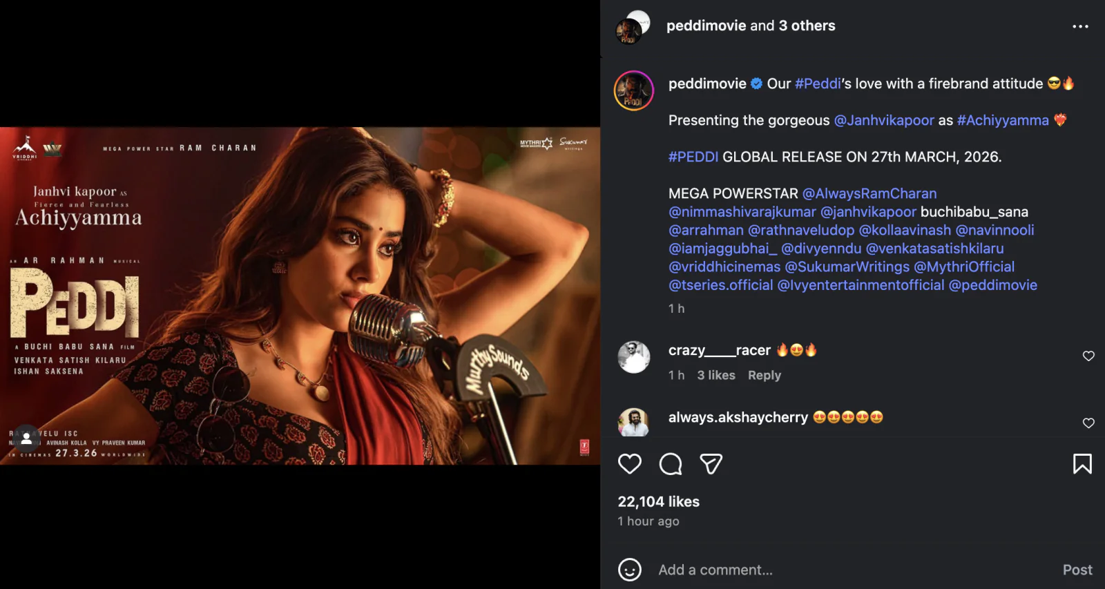 Janhvi Kapoor’s First Look from Ram Charan’s ‘Peddi’ Promises a Power-Packed Role