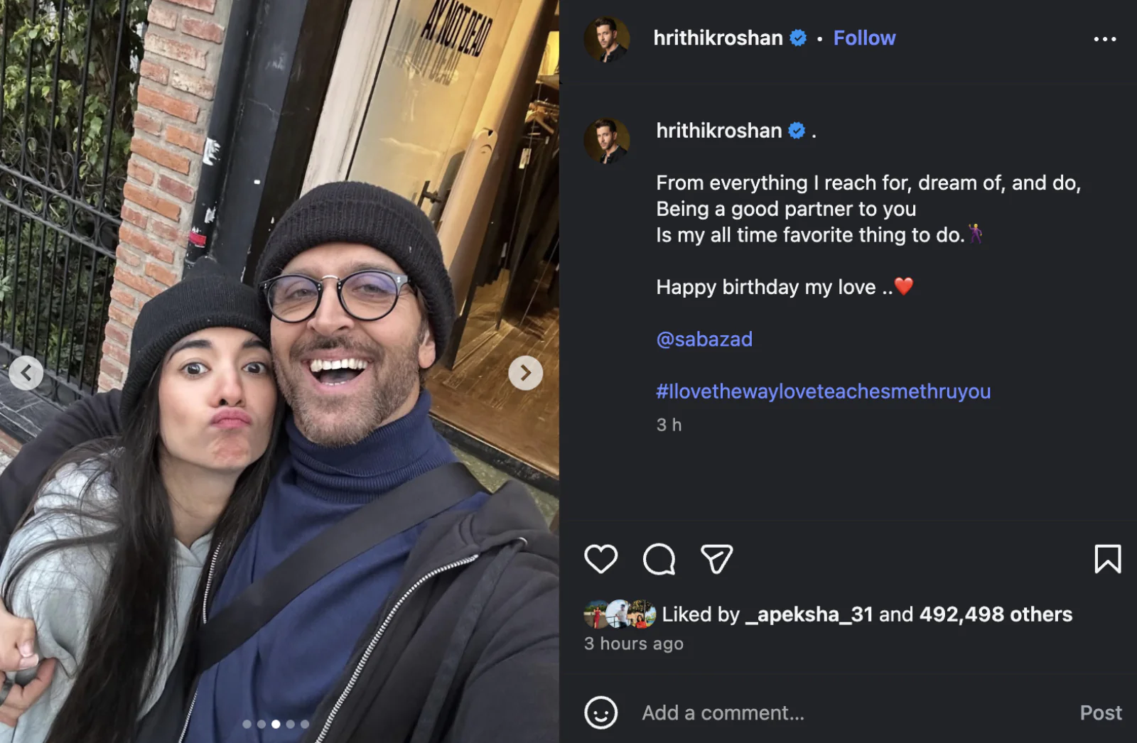 ‘Happy Birthday, My Love’: Hrithik Roshan’s Adorable Post for Saba Azad Melts the Internet
