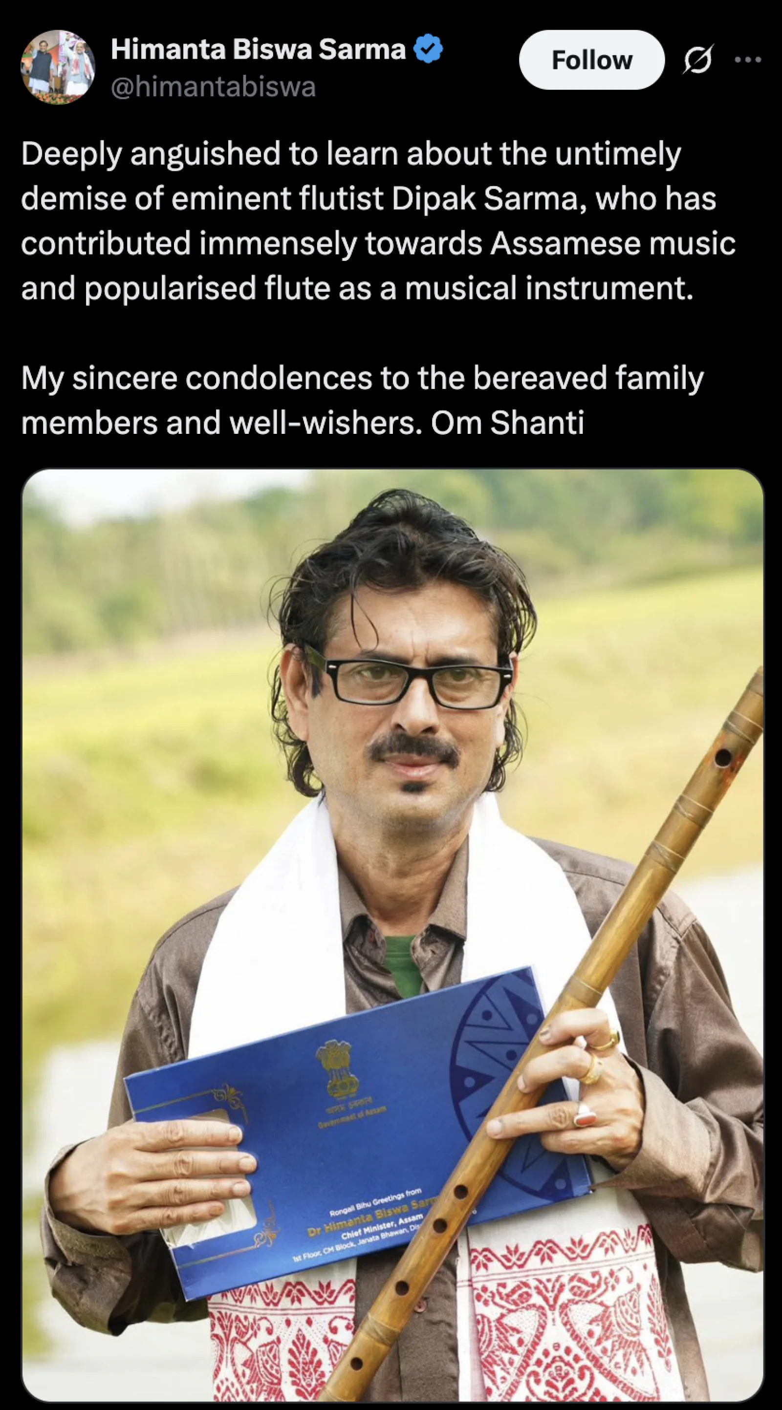 Renowned Assamese Flutist Deepak Sarma Passes Away at 57