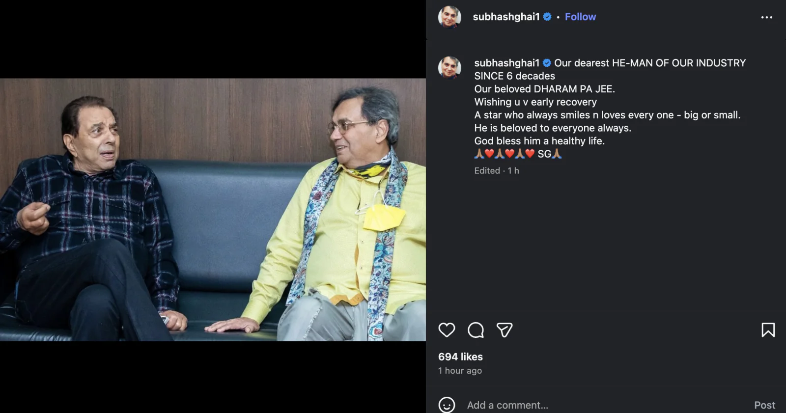 Dharmendra Recovering at Home; Subhash Ghai Pens Heartfelt Note for Veteran Actor