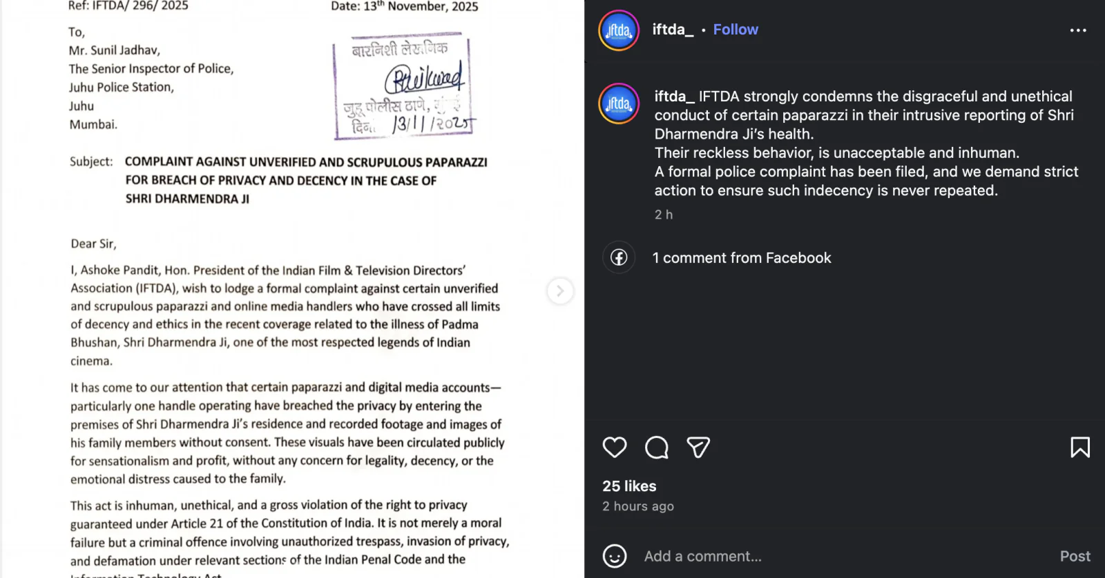 IFTDA Files Complaint Against Paparazzi for Violating Dharmendra’s Privacy