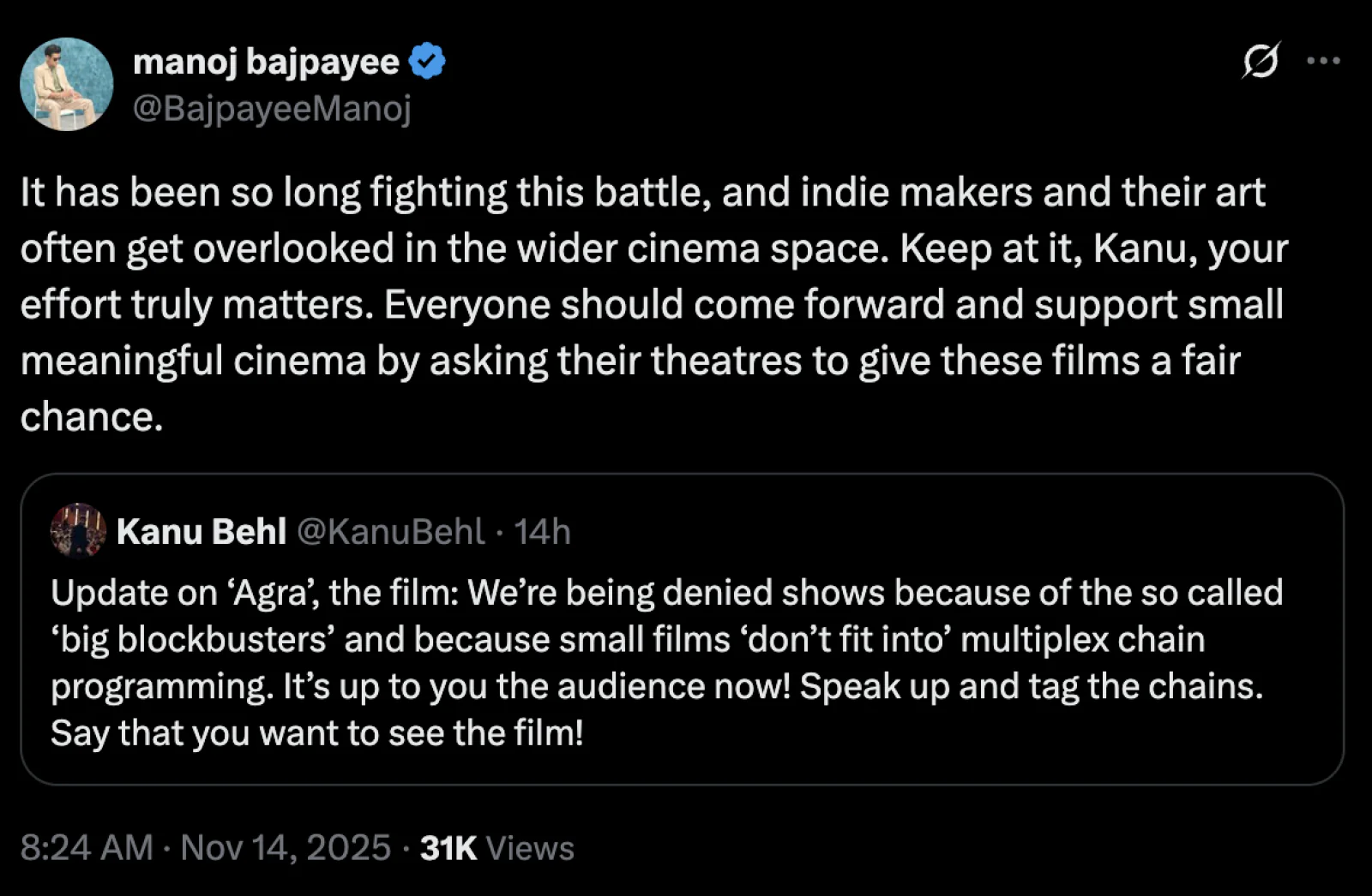 Director Kanu Behl Criticises Multiplex Policies; Manoj Bajpayee Urges Fair Chance for Indie Films