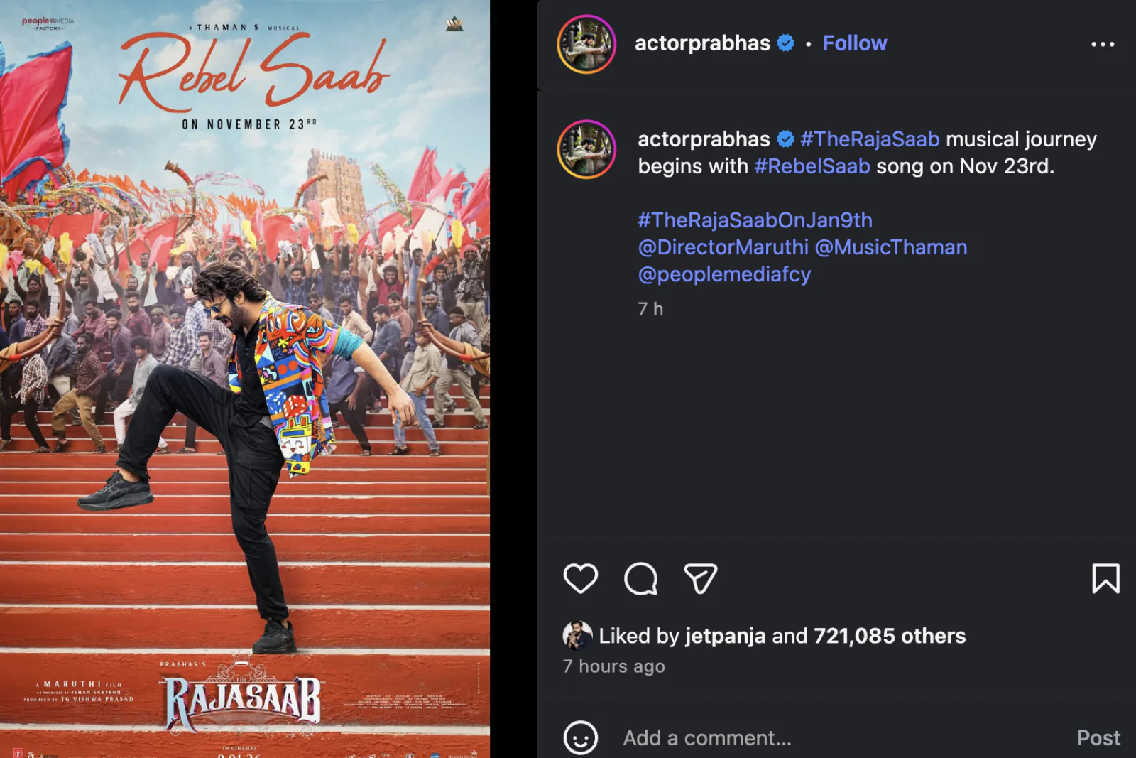 Prabhas Announces Musical Launch of ‘The Raja Saab’; First Song ‘Rebel Saab’ to Release on November 23