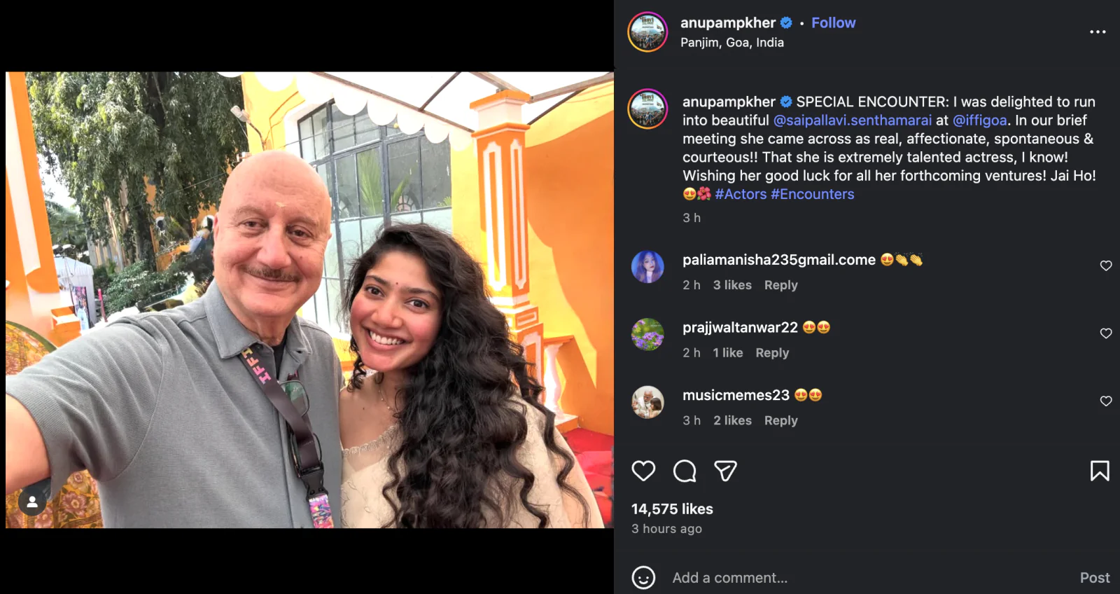 Sai Pallavi Wins Praise from Anupam Kher as ‘Amaran’ Opens Indian Panorama at IFFI