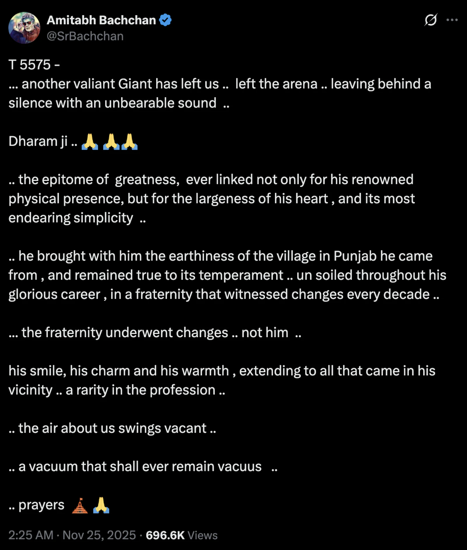 Amitabh Bachchan Pens Emotional Tribute as Dharmendra Passes Away at 89