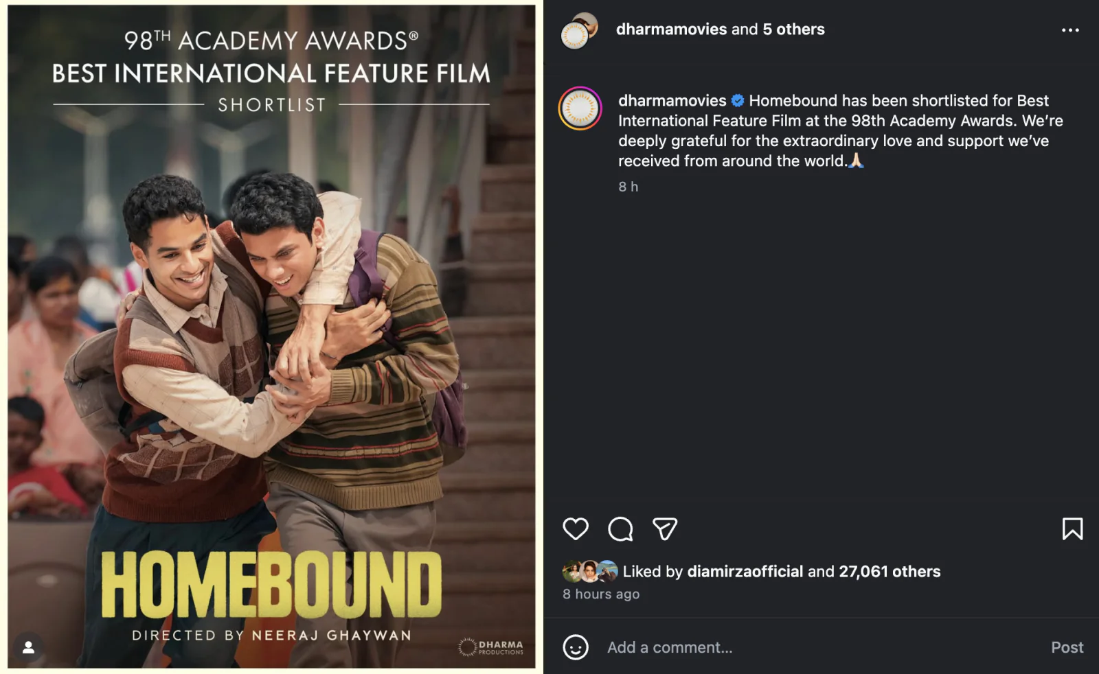 India’s ‘Homebound’ Shortlisted for Oscars 2026 in Best International Feature Category
