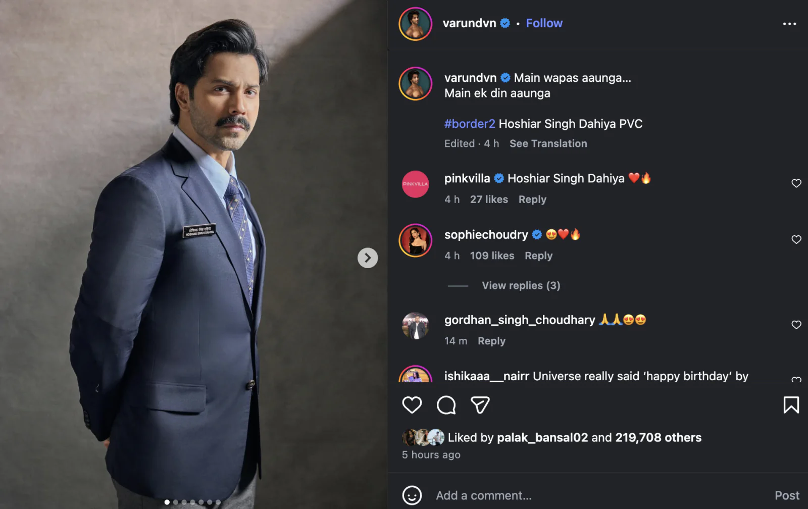 Varun Dhawan to Play Colonel Hoshiyaar Singh Dahiya in Border 2