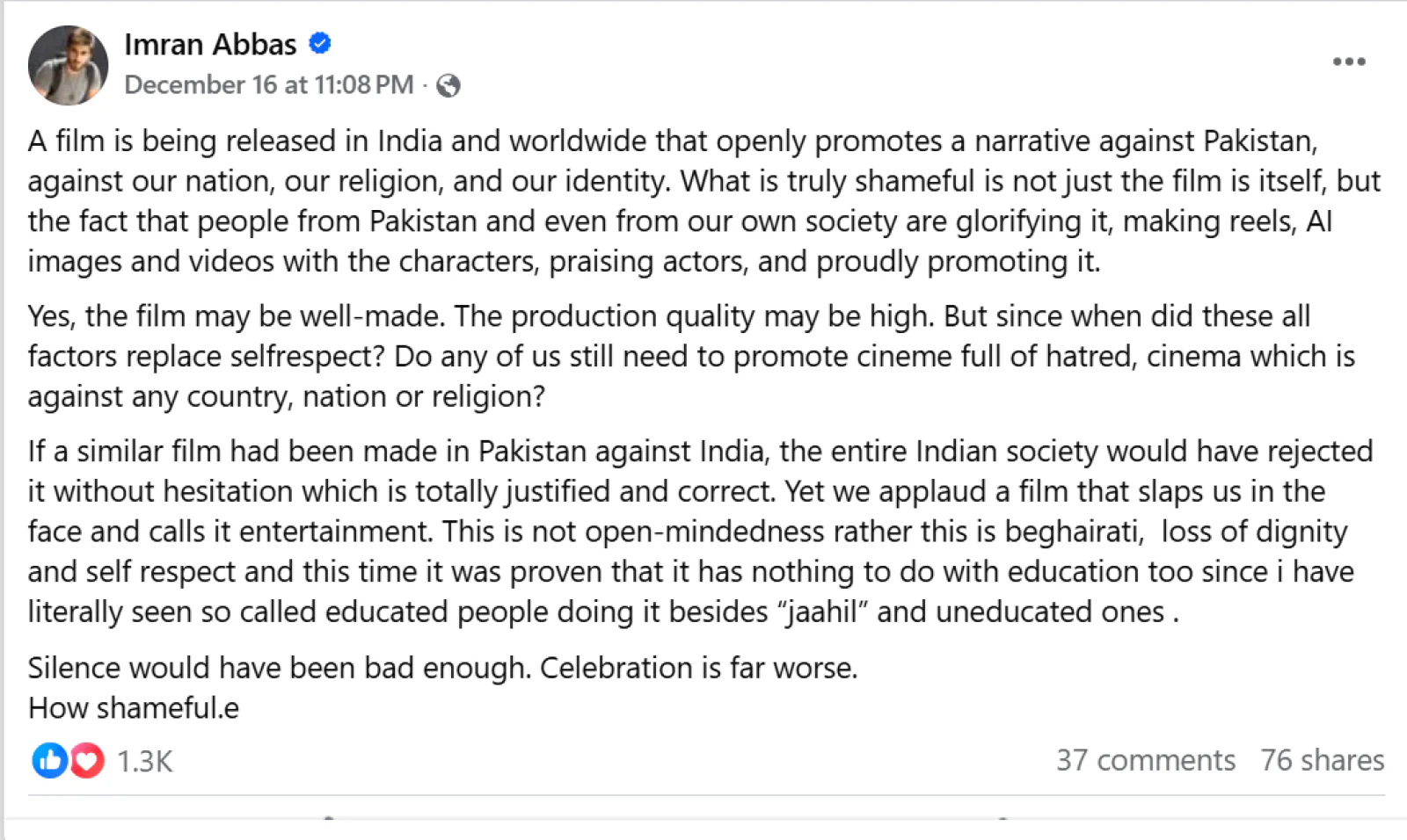 Imran Abbas Criticises Ranveer Singh’s ‘Dhurandhar’ Over Alleged Anti-Pakistan Narrative