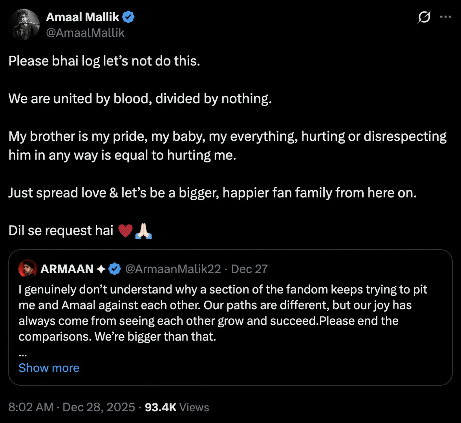 ‘My Brother Is My Pride’: Amaal Malik Responds to Armaan Malik’s Appeal
