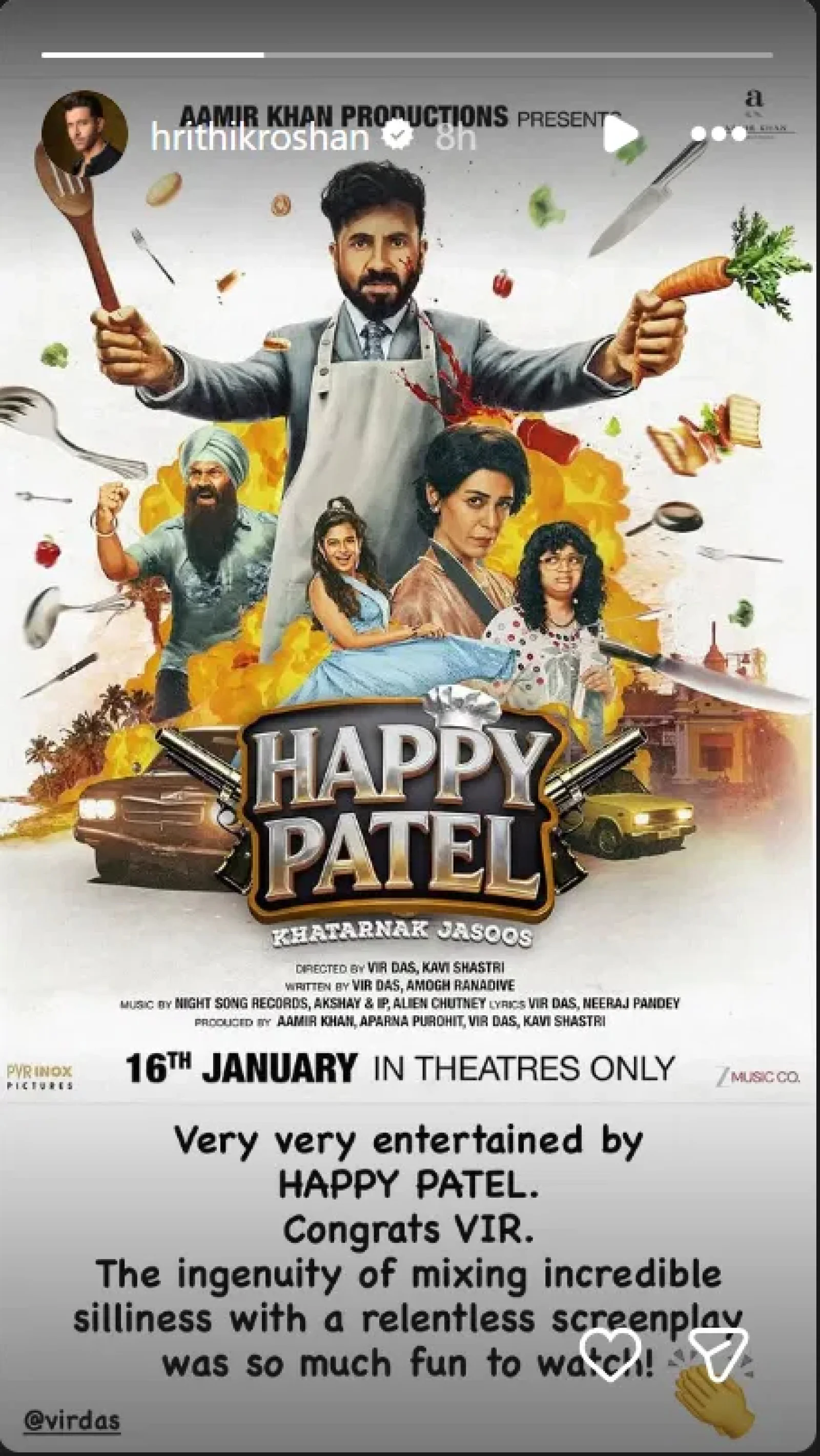 Hrithik Roshan Praises Vir Das’ Directorial Debut ‘Happy Patel: Dangerous Detective’