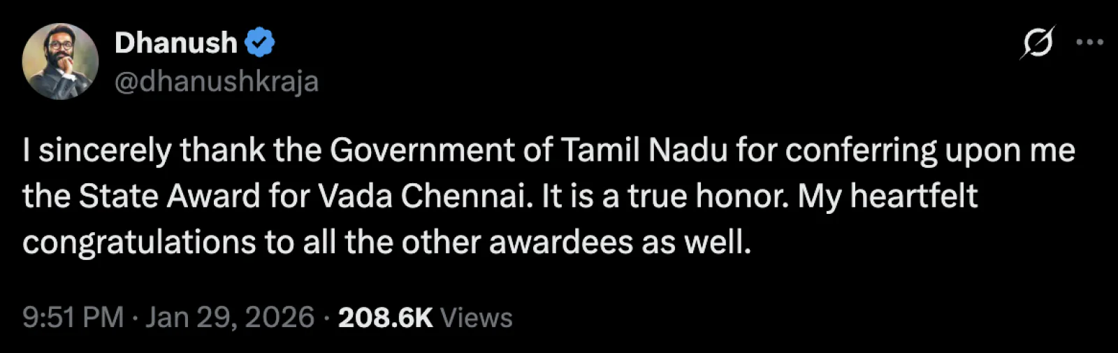 Dhanush Wins Tamil Nadu State Award for ‘Vada Chennai’, Actor Expresses Gratitude