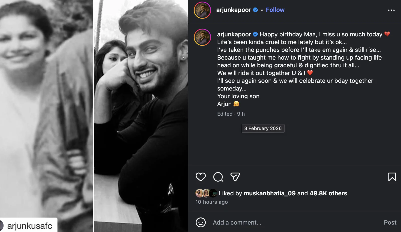 Arjun Kapoor Remembers Mother Mona Shourie Kapoor on Her Birthday, Shares Emotional Not