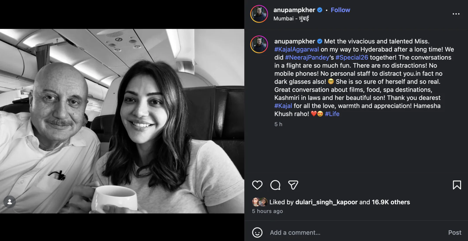 Anupam Kher Reunites with Kajal Aggarwal, Calls Flight Meeting ‘Special’