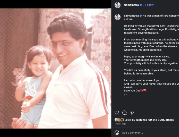 Sidharth Malhotra Remembers Late Father Sunil Malhotra in Heartfelt Post