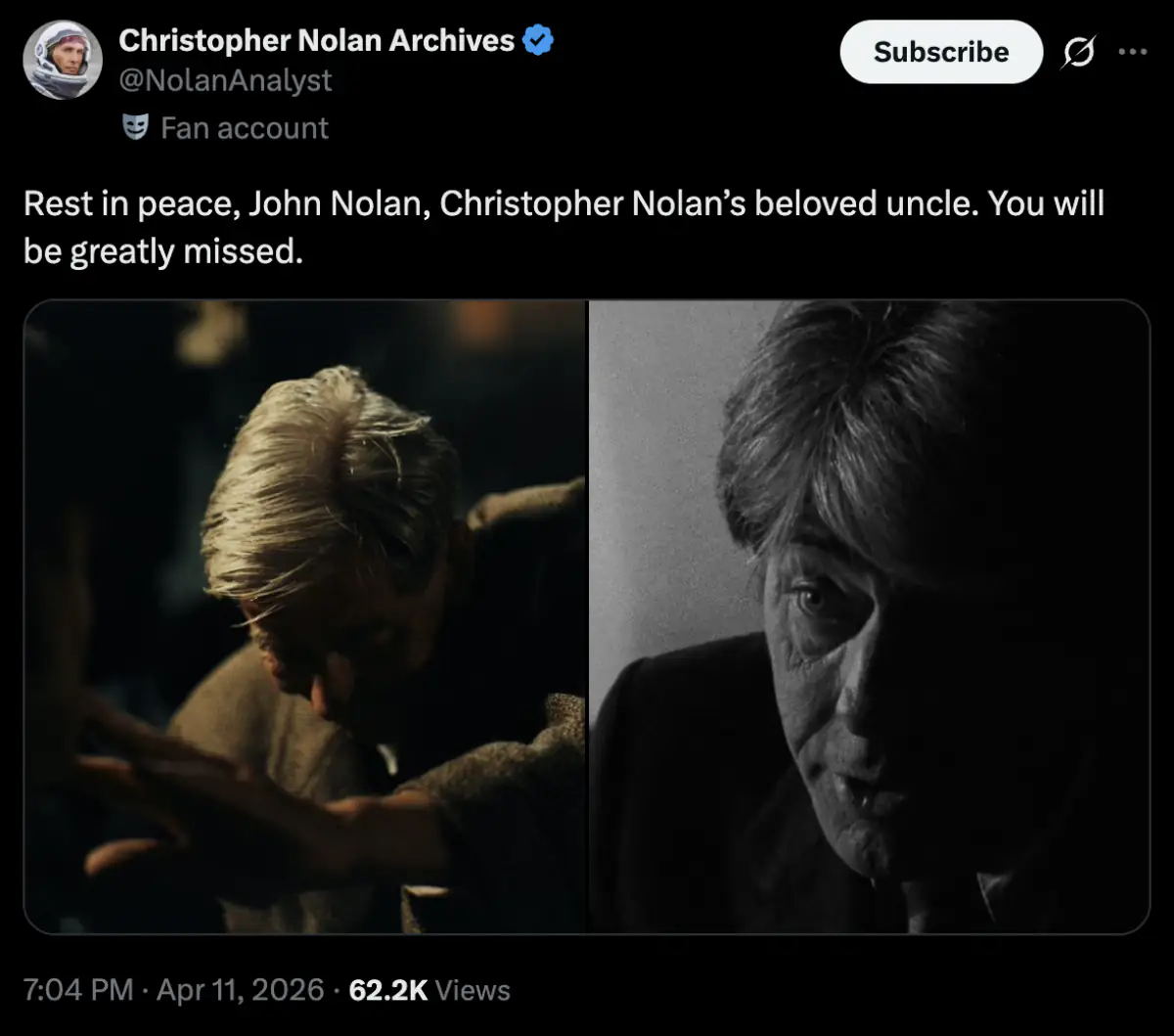 87; Christopher Nolan Pays Emotional Tribute